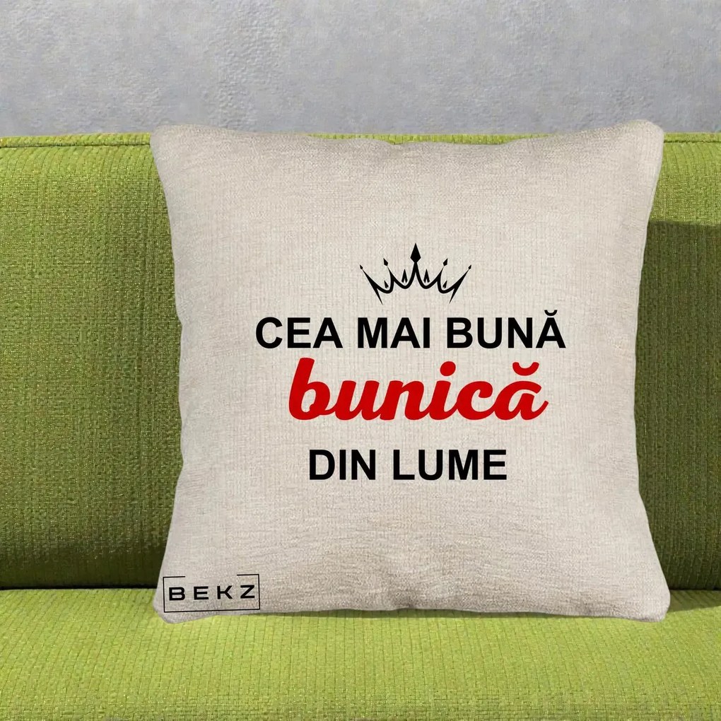 Cadou pentru Bunica - Perna Personalizata Cea Mai Buna Bunica Din Lume Coroana Neagra, 40x40 cm, Bej Canapea, Husa Detasabila, Perna Inclusa, BEKZ®