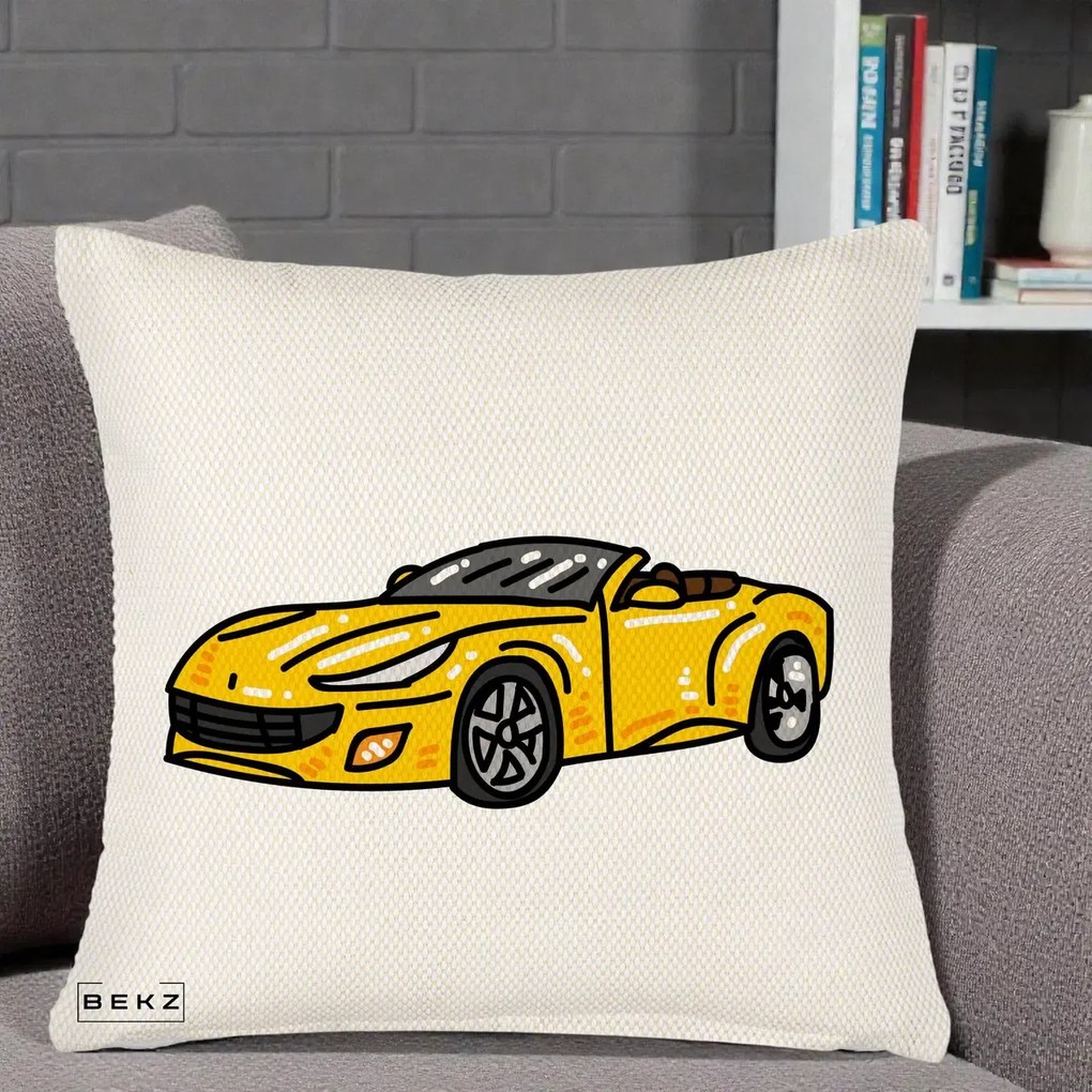 Perna Personalizata Masina Cabriolet Galbena Grafic, 40x40 cm, Crem Reliefat, Husa Detasabila, Perna Inclusa, BEKZ®