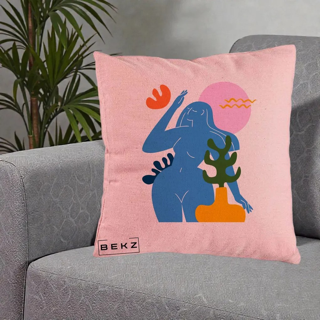 Perna Decorativa Femeie Albastra Cactus, 40x40 cm, Roz, Husa Detasabila, Perna Inclusa, BEKZ®