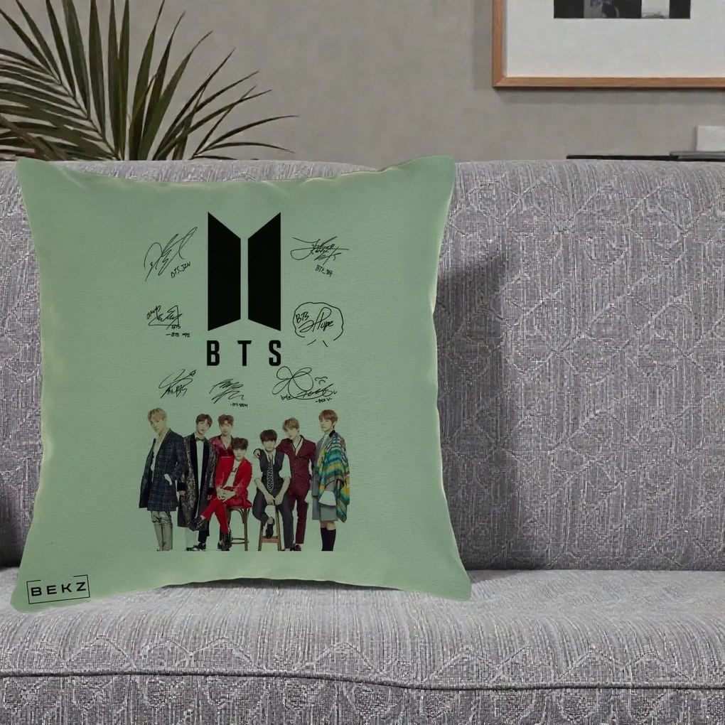 Perna Personalizata K-pop BTS Semnaturi Foto, 40x40 cm, Verde, Husa Detasabila, Perna Inclusa, BEKZ®