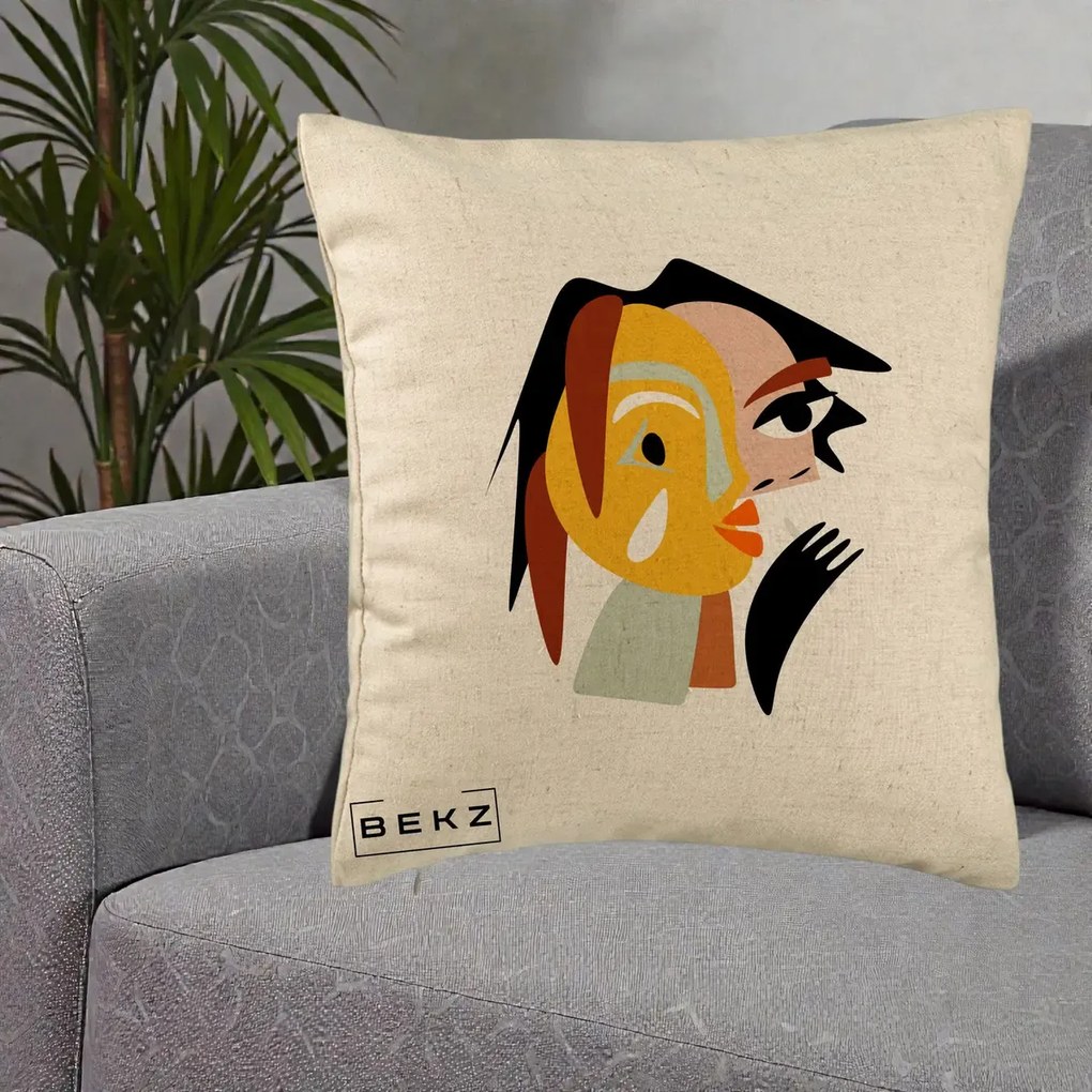 Perna Decorativa Portret Abstract Galben-Ocru, 40x40 cm, Bej, Husa Detasabila, Perna Inclusa, BEKZ®