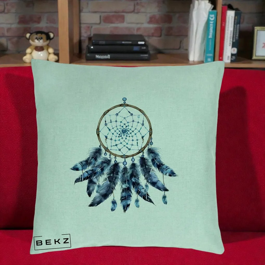 Perna Personalizata Prinzator de Vise cu Pene Albastre, 40x40 cm, Verde Menta, Husa Detasabila, Perna Inclusa, BEKZ®