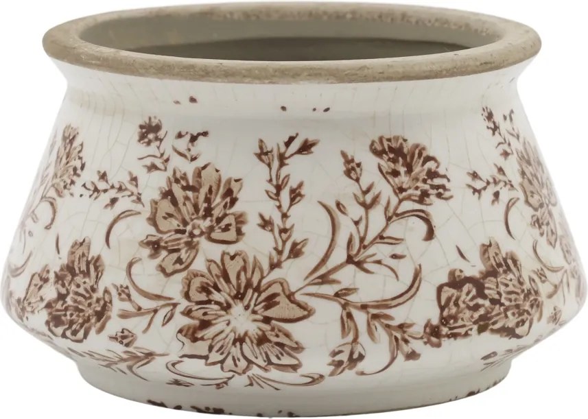 Ghiveci decorativ tronconic alb din ceramică pictată manual, cu motiv floral natur, 12,5x7,5 cm, „Grenoble"