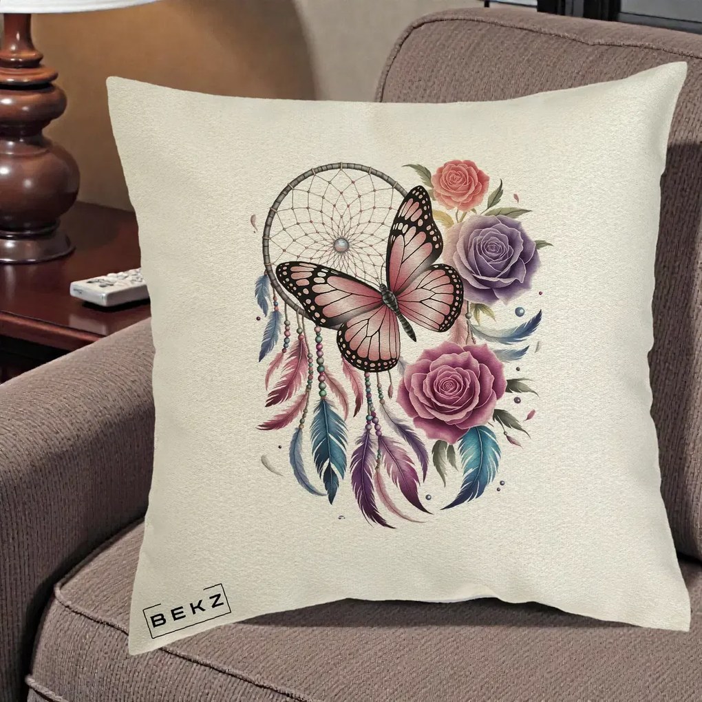 Perna Personalizata Prinzator de Vise cu Fluture si Trandafiri, 40x40 cm, Ecru, Husa Detasabila, Perna Inclusa, BEKZ®
