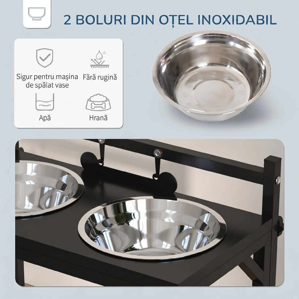 PawHut Boluri pentru Câini cu Înălțime Reglabilă și Plăcuță de Identificare, 2 Boluri din Oțel pentru Apă și Mâncare, 40.5x22x39 cm, Negru