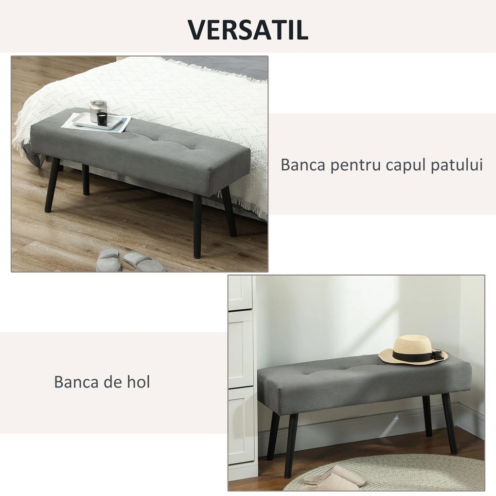HOMCOM Bancă Tapițată din Catifea cu Șezut Căptușit și Picioare din Oțel, 100x36x45 cm, Gri | Aosom Romania