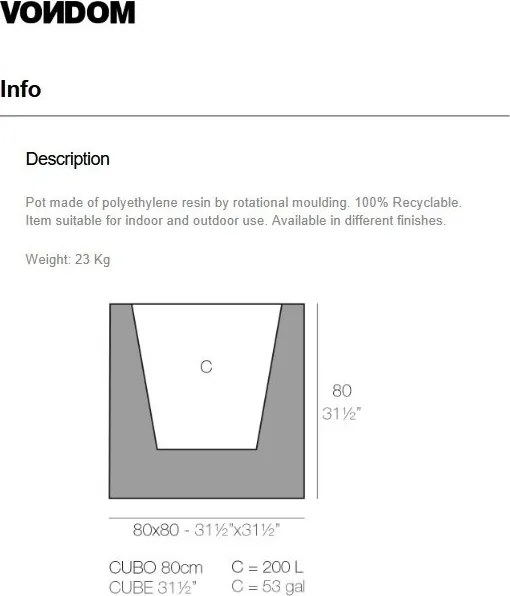 Ghiveci plante, flori design decorativ modern pentru amenajari interioare si exterioare, CUBE POT 41380R Vondom