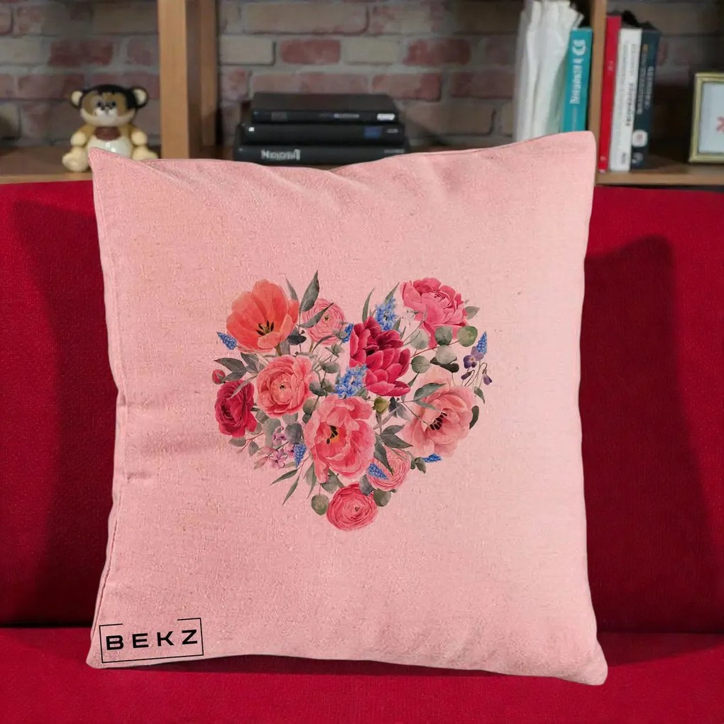 Perna Decorativa Inima din Bujori Acuarela, 40x40 cm, Roz, Husa Detasabila, Perna Inclusa, BEKZ®