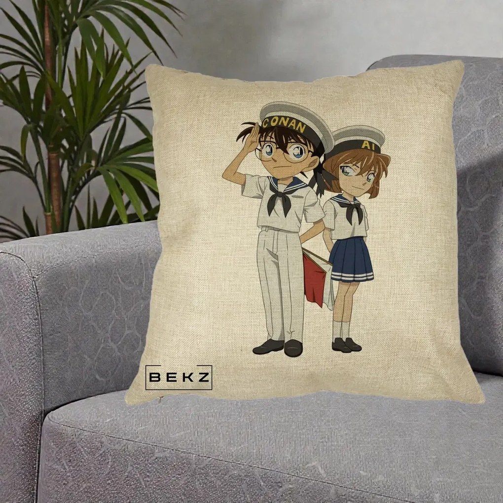 Perna Personalizata Detective Conan Conan si Ai Sailor, 40x40 cm, Crem, Husa Detasabila, Perna Inclusa, BEKZ®