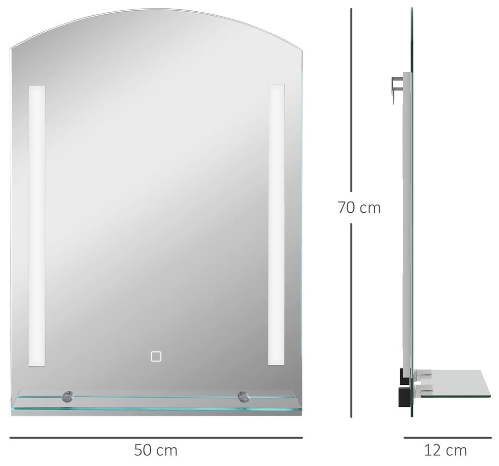 Kleankin Oglindă Baie cu Lumină LED Reglabilă pe 3 Culori și Raft din Sticlă, 50x12x70 cm, Argintiu | Aosom Romania