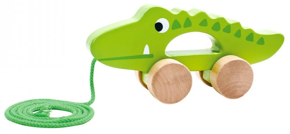 Jucarie educativa de tras din lemn masiv NOVOKIDS™ My first Tiny Crocodile, Cu roti, Motricitate , Cu sfoara de tractare, Materiale Eco, Verde