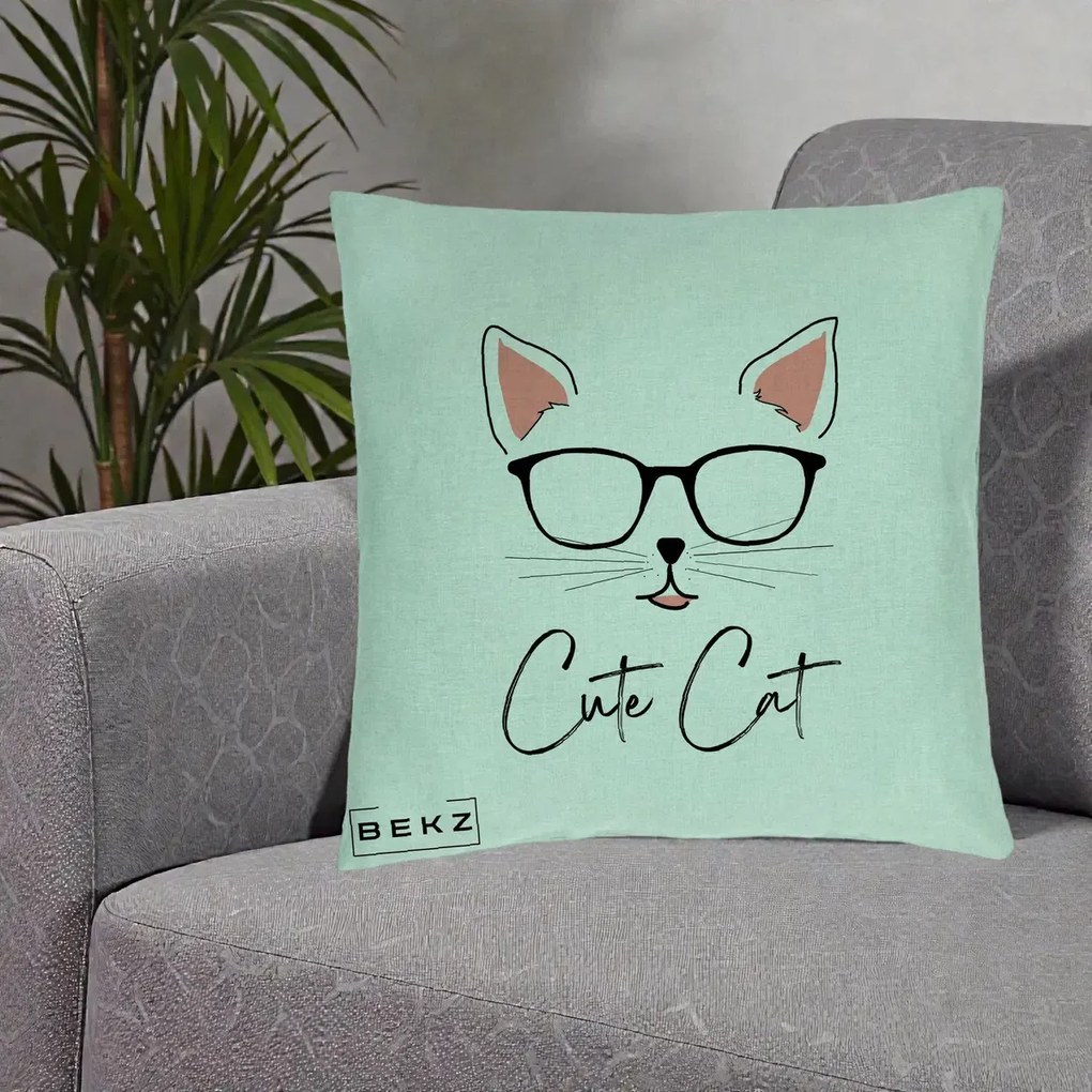 Perna Personalizata Cute Cat cu Ochelari, 40x40 cm, Verde Menta, Husa Detasabila, Perna Inclusa, BEKZ®