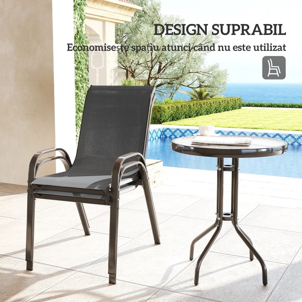Outsunny Set Mobilier de Grădină din 3 Piese cu Scaune Suprapozabile și Masă din Sticlă, 54x71x93 cm, Gri Închis | Aosom Romania