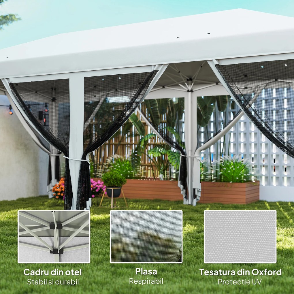 Outsunny Foisor Pliabil cu 6 Perdele Plasa de Tantari, Foisor de Gradina cu Structura din Otel, 585x295x270cm, Alb Crem | AOSOM RO