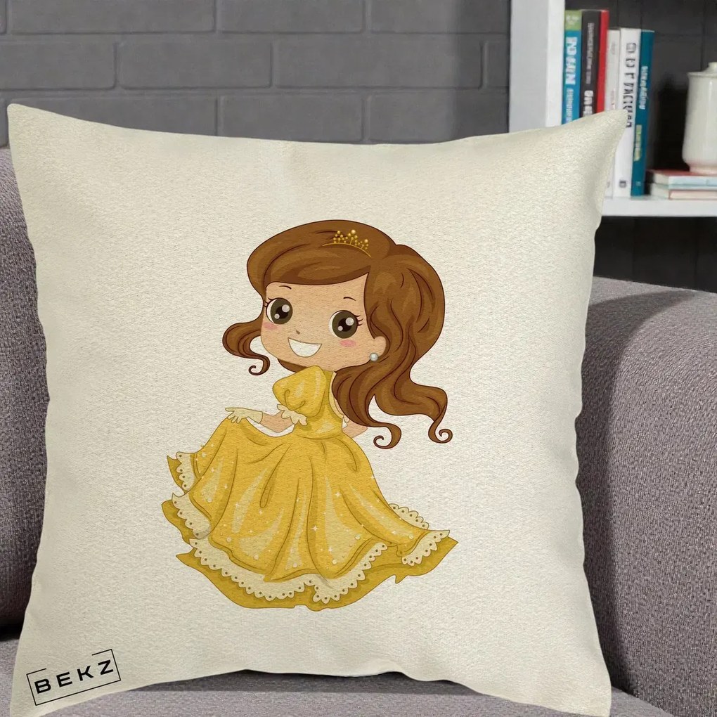 Perna Decorativa Printesa Bella Rochie Aurie, 40x40 cm, Ecru, Husa Detasabila, Perna Inclusa, BEKZ®