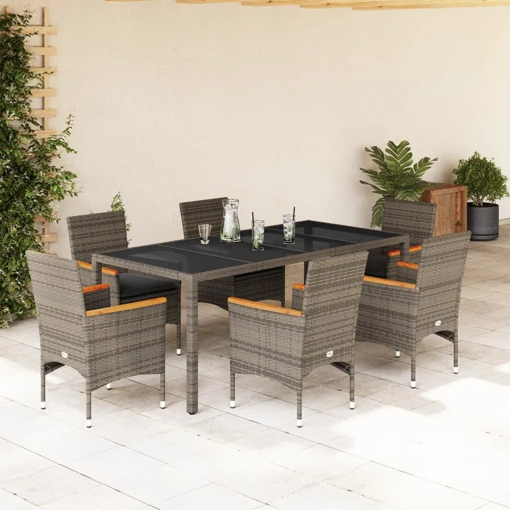 Set mobilier de gradina cu perne 7 piese gri poliratan  sticla