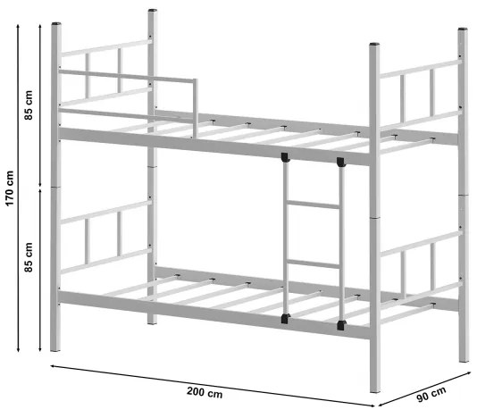 Pat supraetajat metalic MAVEN 90x200 cm, alb, capacitate de încărcare 2 x 100 kg