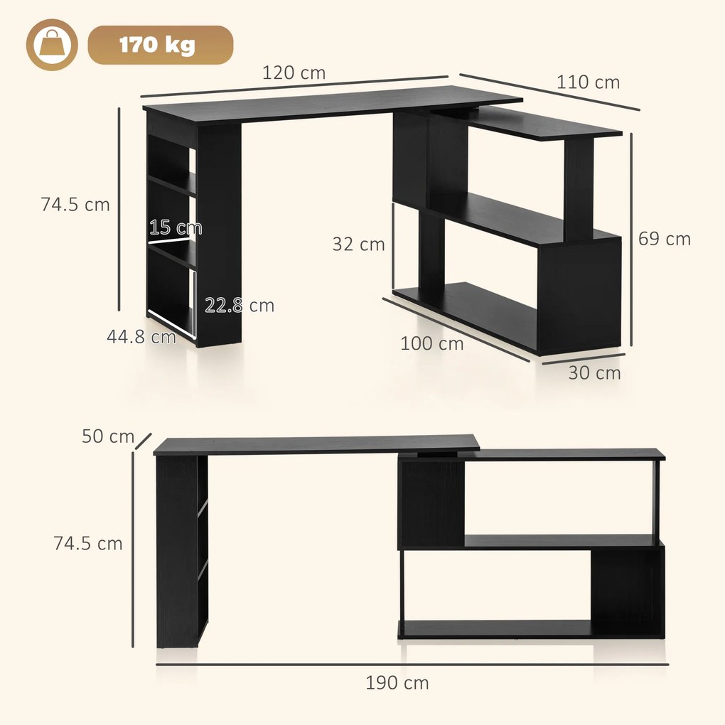 HOMCOM Birou pentru Calculator de Colț cu Design Rotativ în Formă de L și 5 Rafturi, 120x110x74.5 cm, Negru | Aosom Romania