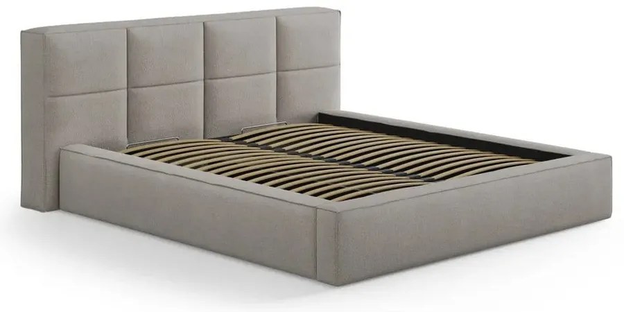 Pat matrimonial gri deschis tapițat cu spațiu de depozitare cu somieră 200x200 cm Simon Darren – Micadoni