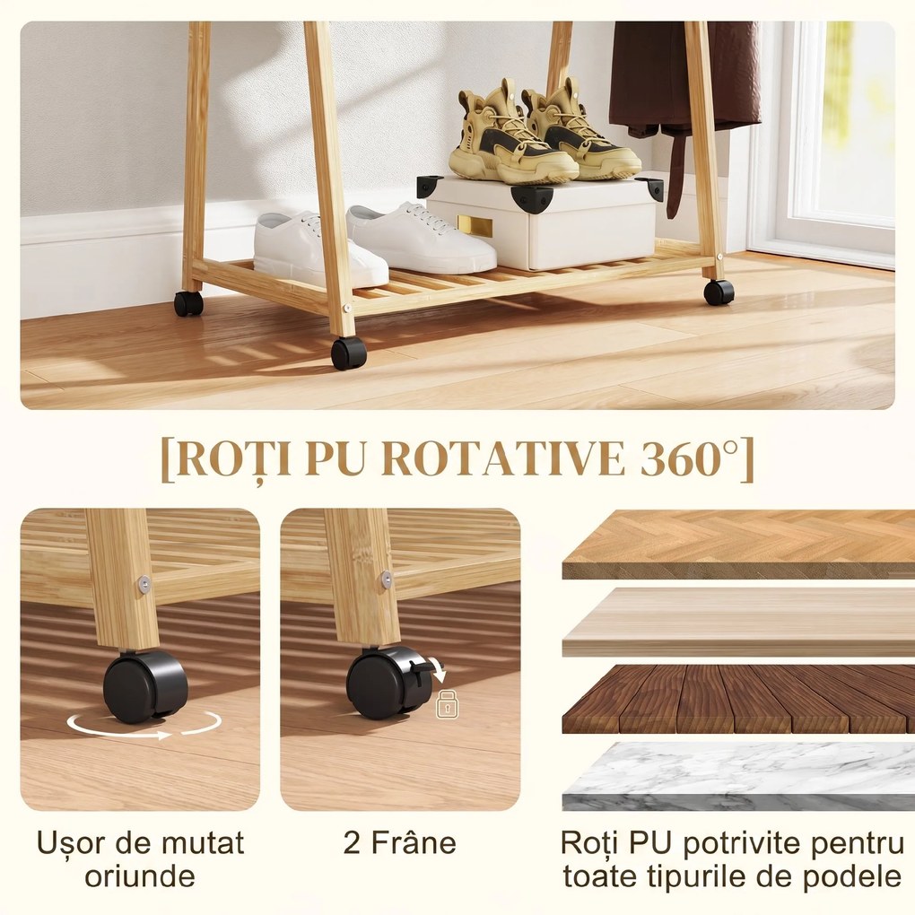HOMCOM Cuier din Bambus cu Raft pentru Încălțăminte, 2 Cârlige, Cuier Mobil pentru Hol, Sufragerie, Natural | Aosom Romania