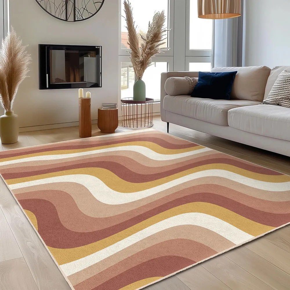Covor tip traversă galben ocru-roz prăfuit lavabil 60x230 cm Creamy Strawberry Swirl – Mila Home