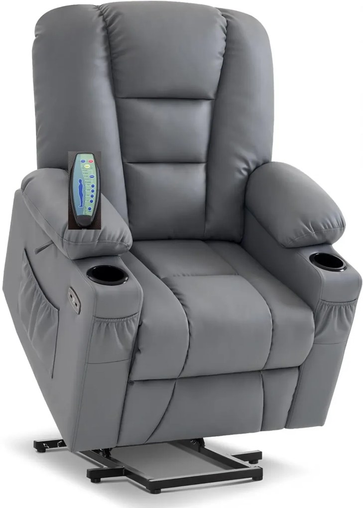 Fotoliu Electric Power Lift&Recliner, ridicare și rabatare, masaj și incalzire, porturi USB, suporturi pentru pahare, buzunare laterale, telecomenzi, PU, Gri