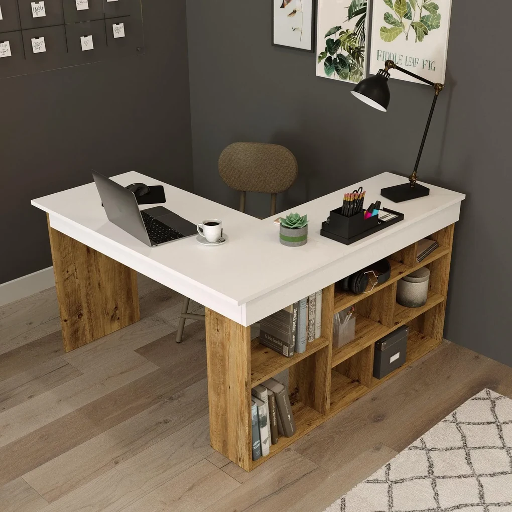 Birou Zellow Tip L cu Rafturi, 129 x 72 x 120 cm | BIANO