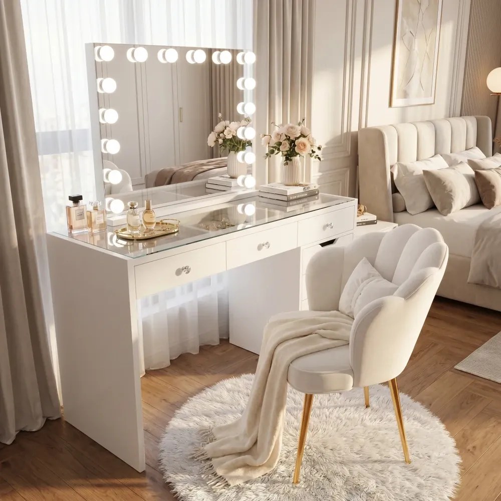 RESIGILAT- Set NORA – Masă de Toaletă pentru Machiaj, Oglindă Iluminată LED, Control Touch, trei tipuri culoare, Incarcare USB, 7 sertare, Alb