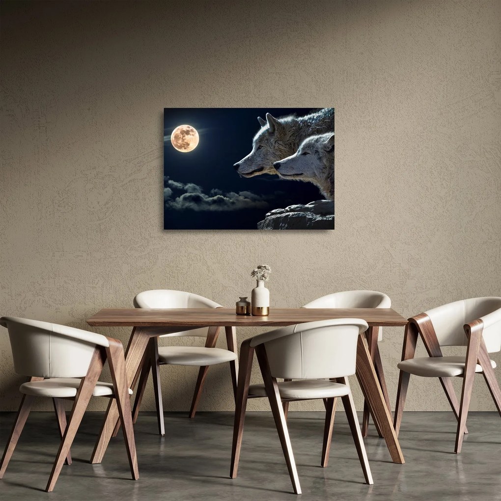 Tablou pe sticlă cu lupi în lună (70x50 cm)