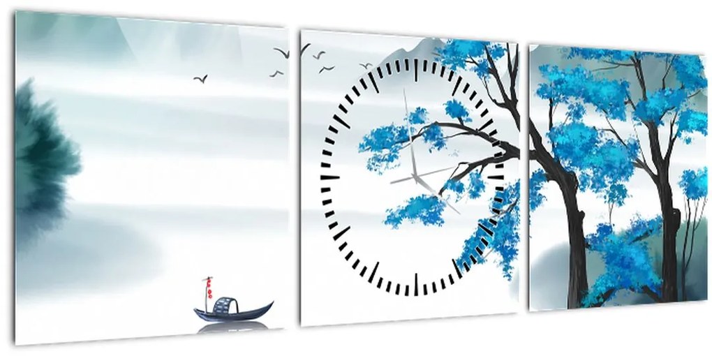 Tablou - Pictură, lac cu barcă (cu ceas) (90x30 cm)