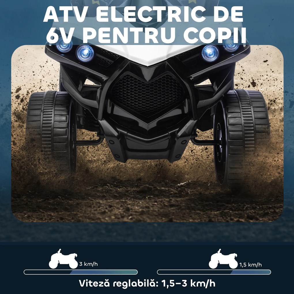 AIYAPLAY ATV Electric pentru Copii 6V, Mașină cu 4 Roți cu Muzică și Faruri LED, pentru Vârste 3-8 Ani, Alb, Negru | Aosom Romania