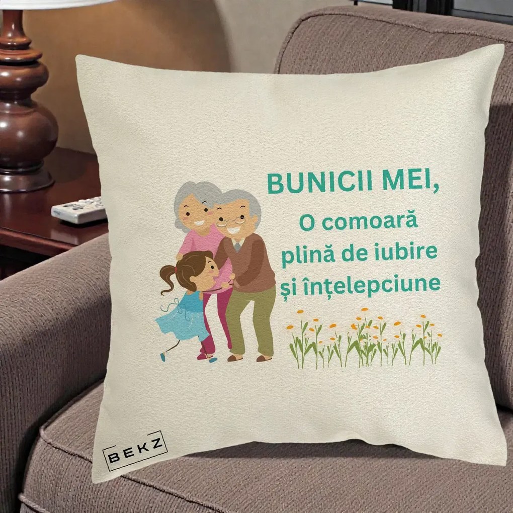 Cadou pentru Bunici - Perna Personalizata Bunicii Mei Comoara Iubire Intelepciune Nepoata, 40x40 cm, Ecru, Husa Detasabila, Perna Inclusa, BEKZ®