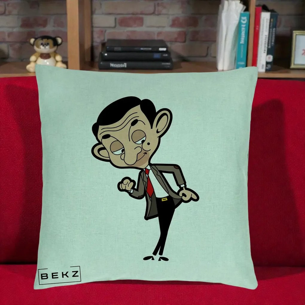 Perna Personalizata Mr. Bean Caricatura, 40x40 cm, Verde Menta, Husa Detasabila, Perna Inclusa, BEKZ®