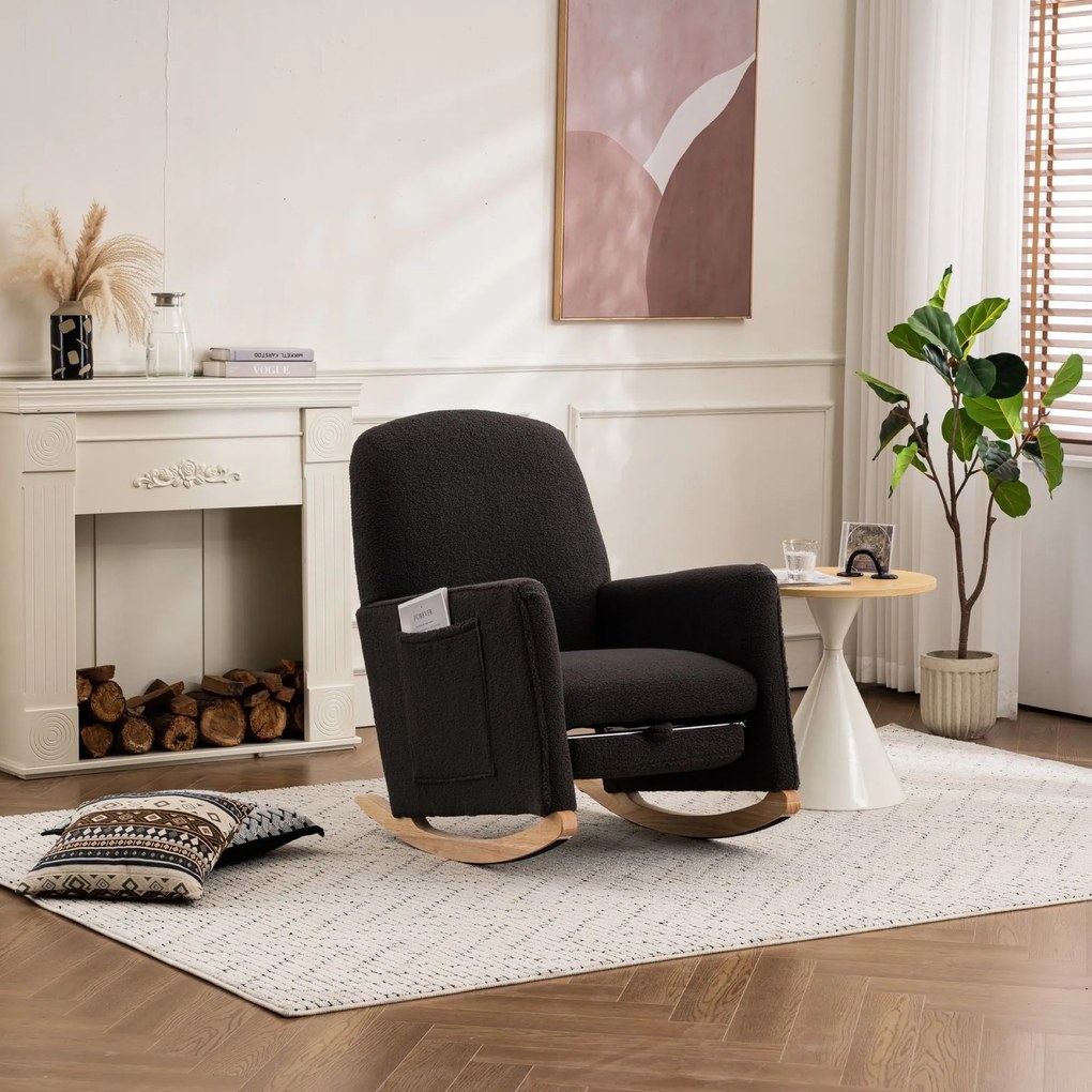 Scaun balansoar cu taburet, fotoliu de relaxare cu spătar înalt, material Teddy, 67x96-127x96 cm, Gri închis