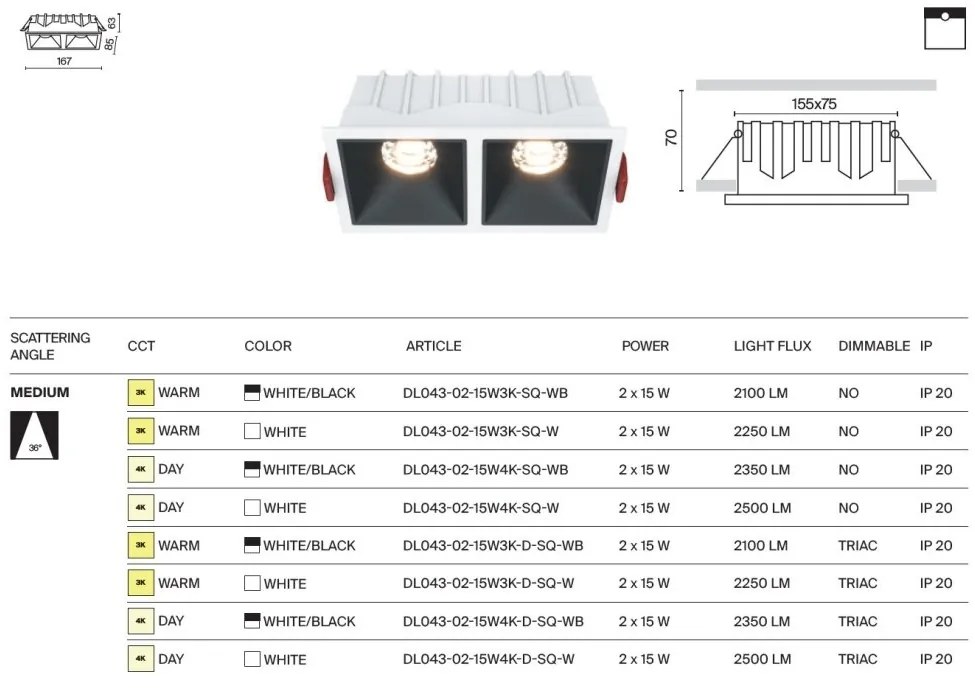 Spot LED incastrabil dimabil cu 2 surse de iluminat Alpha alb, negru, 30W, 3000K