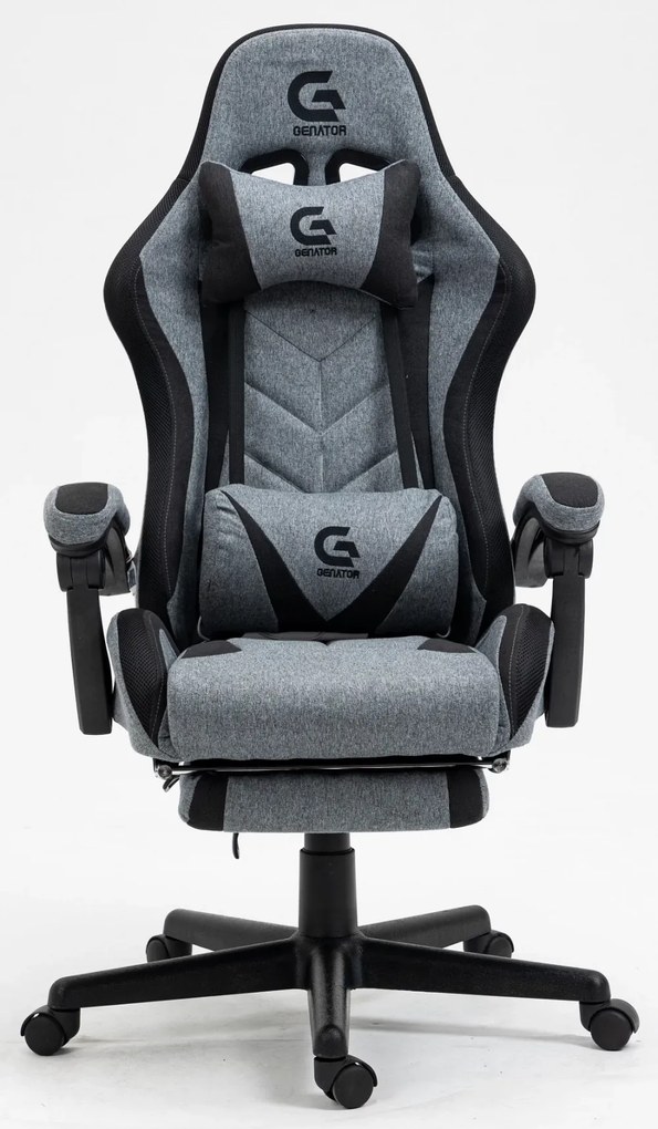 Scaun gaming, sistem iluminare bandă LED RGB, cu masaj în perna lombară, suport picioare, material textil, Gri/Negru