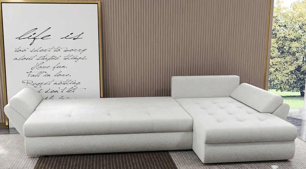 Colțar extensibil dumonde cu ladă de depozitare si sezut confortabil din spuma high-density, Loana XL Euphoria Ivory 335x185 cm