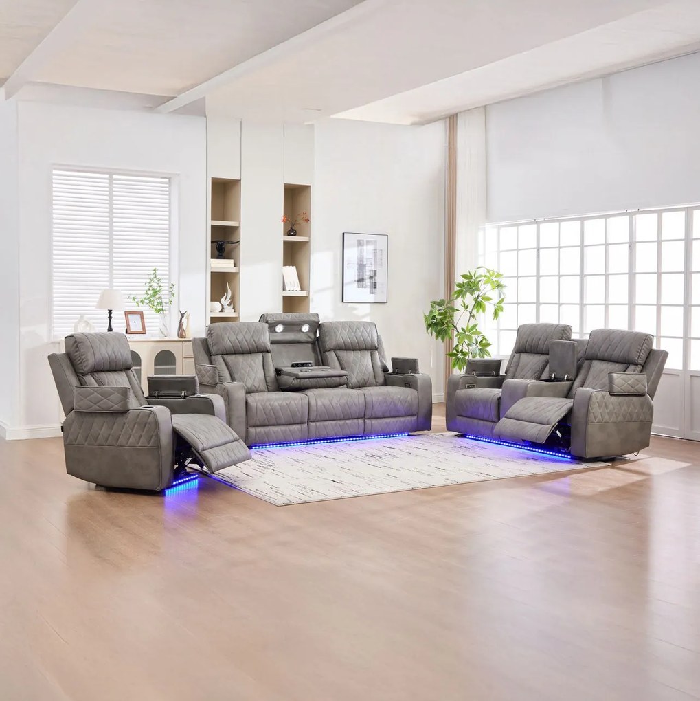 Set canapele dumonde 3+2+1, reclinere electrice, incarcare wireless, USB-C, suport pahare incalzite, lumini LED Selvar