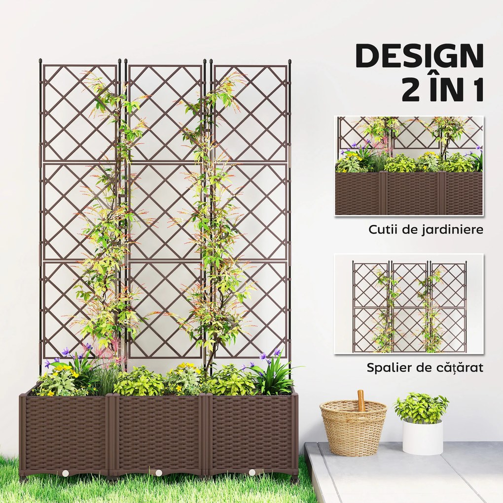 Outsunny Jardinieră Înălțată cu Grilaj 130L, Pat pentru Grădină Înălțat de Exterior cu Roți Blocabile, Sistem de Autoirigare, Găuri de Drenaj pentru Plante Cățărătoare, Legume, Flori, Maro | Aosom Romania
