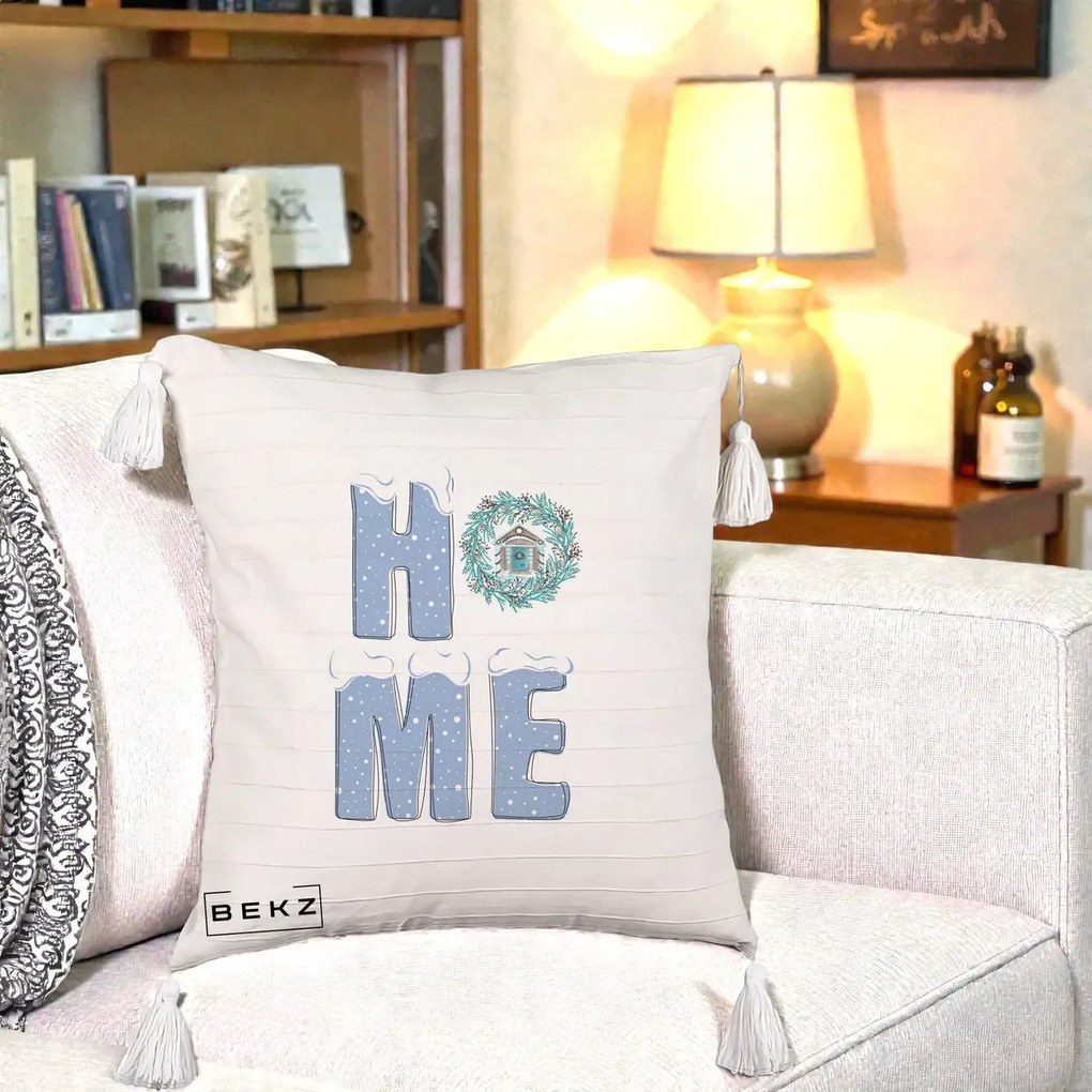 Perna Decorativa HOME Iarna cu Coroana, 40x40 cm, Bej cu Franjuri, Husa Detasabila, Perna Inclusa, BEKZ®