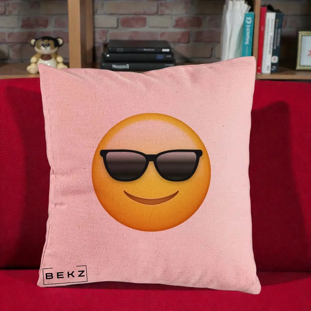 Perna Decorativa Emoji Cool Ochelari, 40x40 cm, Roz, Husa Detasabila, Perna Inclusa, BEKZ®