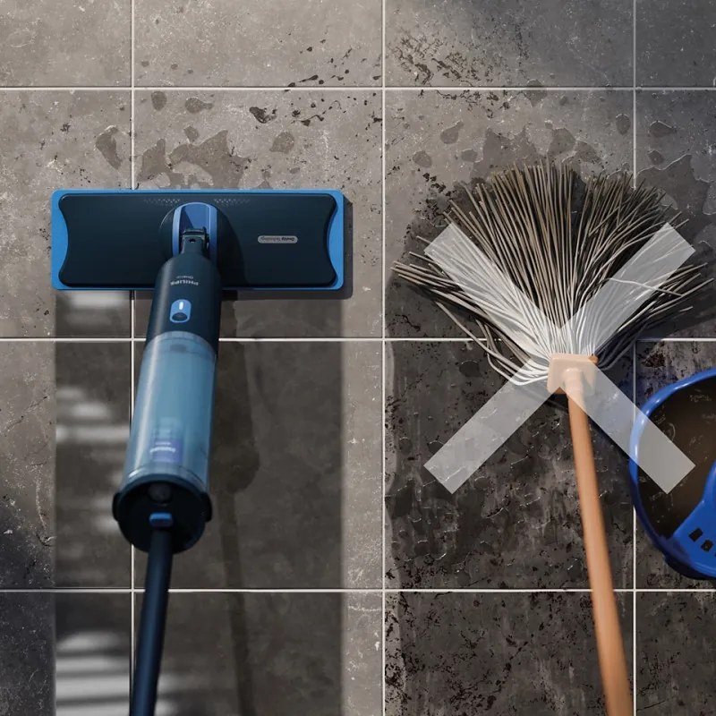 Mop electric Philips OneUp 3000 XV3101/01, 50 min, 50 m², 312/270 ml, cap rotativ la 360°, indicator LED, încărcare USB-C, albastru