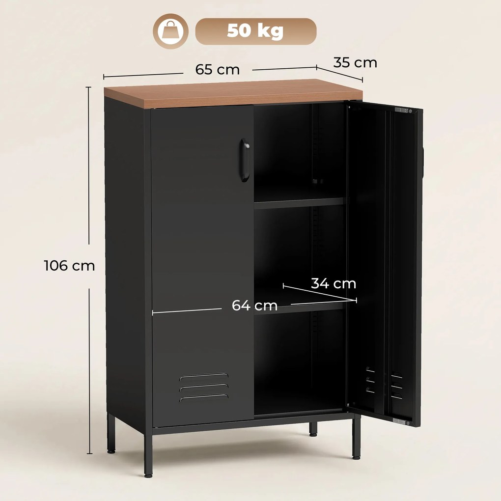 HOMCOM Bufet din Metal cu 2 Uși și Poliță Reglabilă, pentru Living/Birou, Negru | Aosom Romania