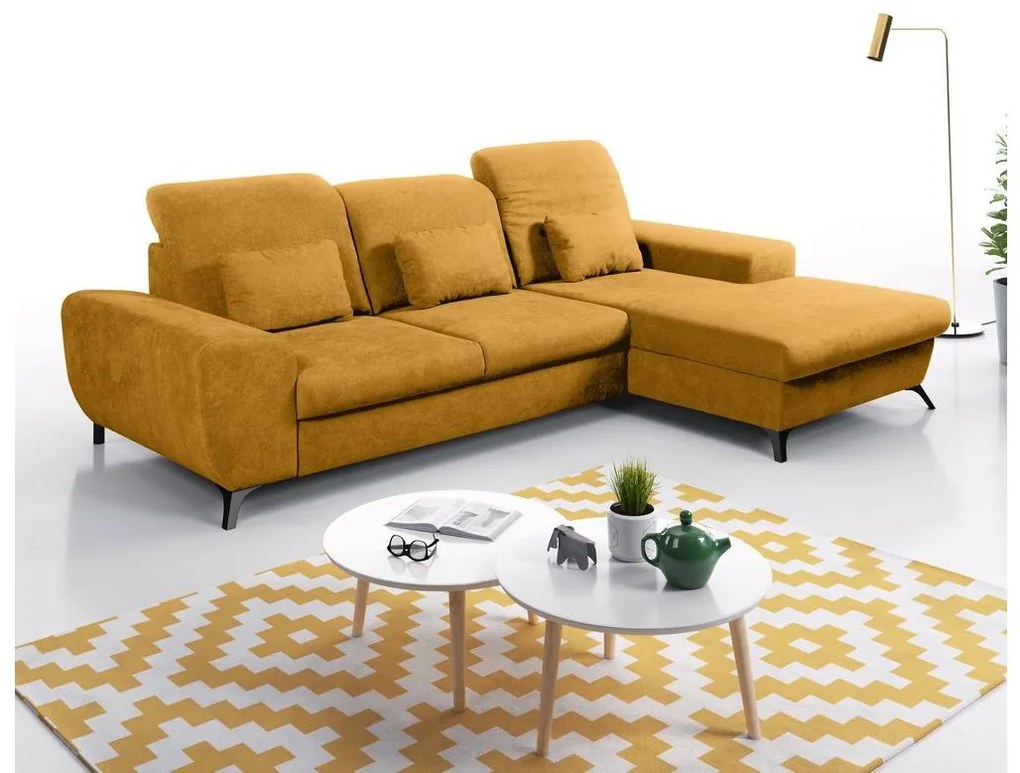 Colțar tapițat extensibil ALTA, cu spațiu de depozitare, configurare în L (partea dreaptă), galben