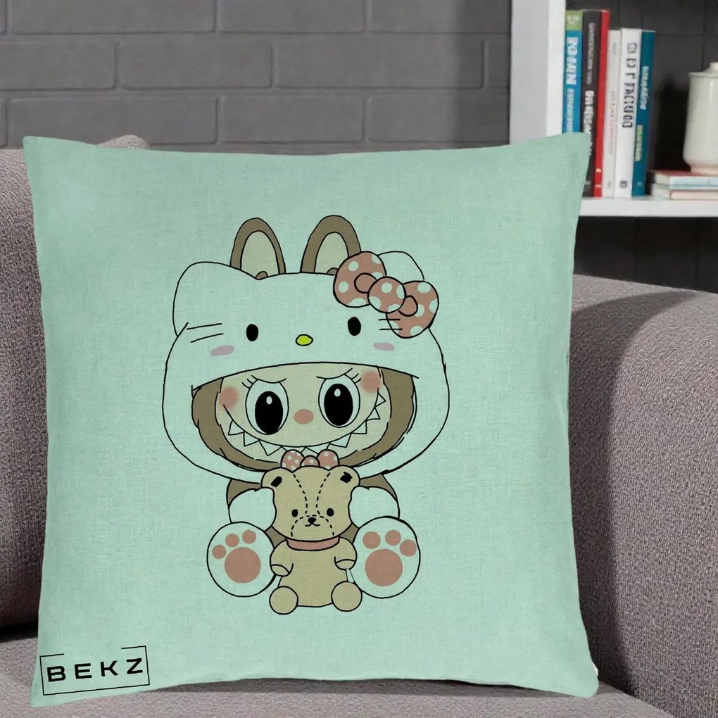 Perna Personalizata Labubu x Hello Kitty, 40x40 cm, Verde Menta, Husa Detasabila, Perna Inclusa, BEKZ®