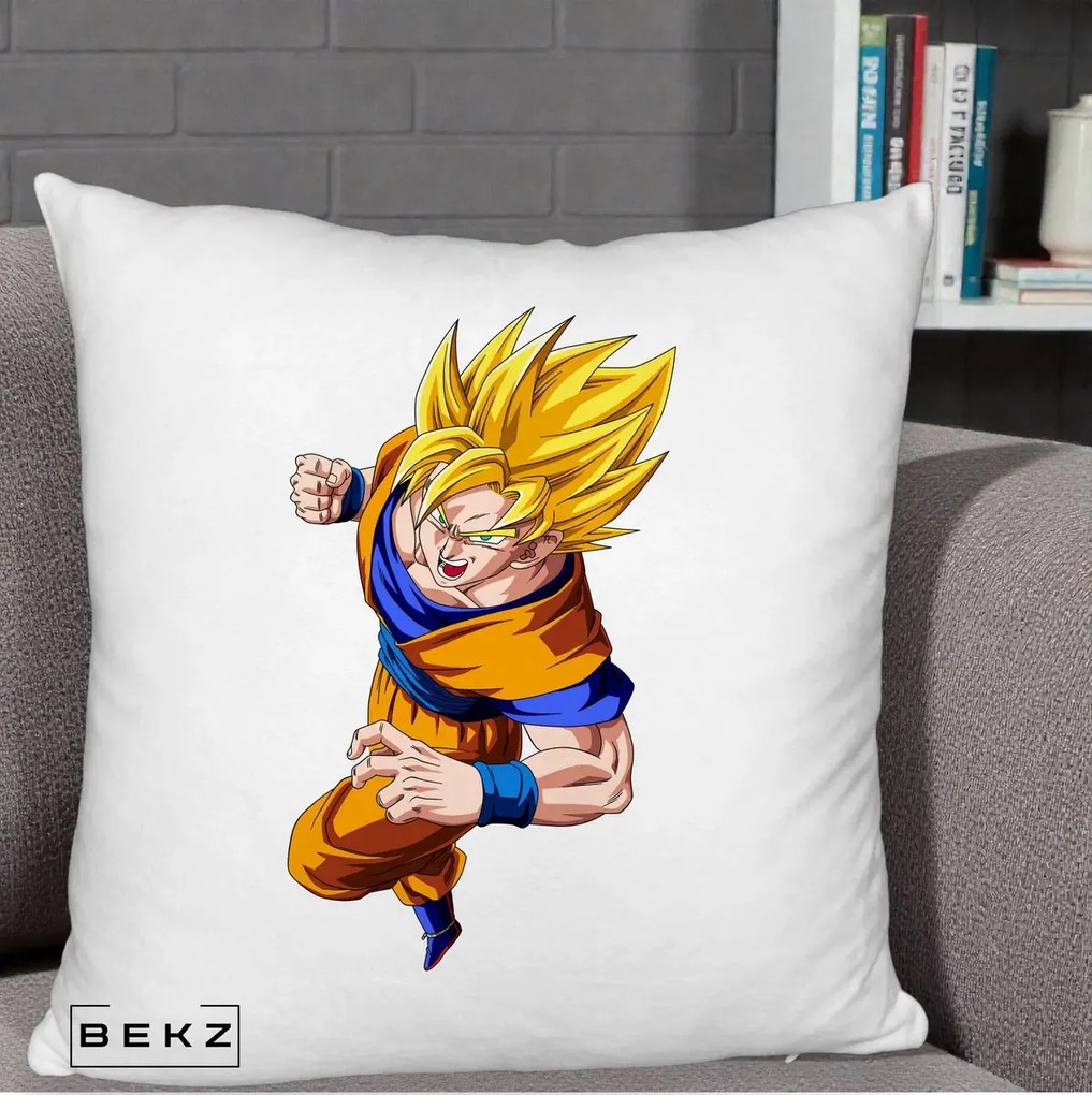 Perna Personalizata Dragon Ball Goku Super Saiyan 2 Lupta, 40x40 cm, Alb Pufos, Husa Detasabila, Perna Inclusa, BEKZ®