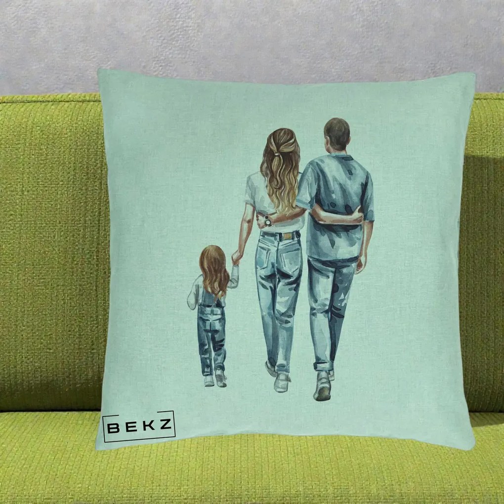 Cadou pentru Familie - Perna Personalizata Familie Acuarela Jeans, 40x40 cm, Verde Menta, Husa Detasabila, Perna Inclusa, BEKZ®