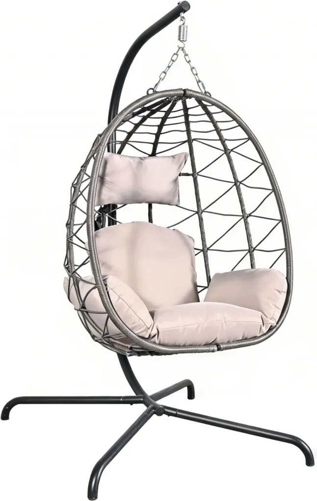 Fotoliu leagan suspendat, cos pliabil, perne moi, rezistent la UV, împletitură PE ratan, structură metalică, pentru interior și exterior, Gri