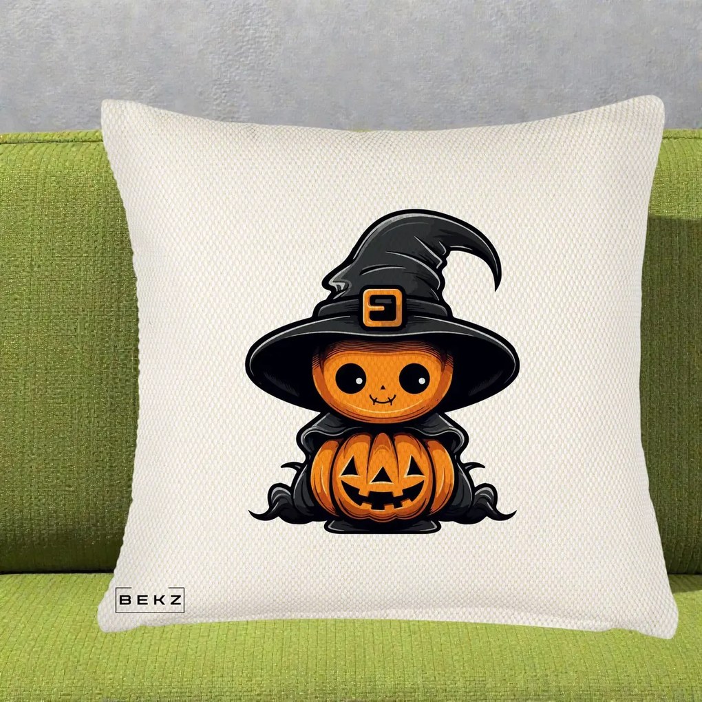 Perna Decorativa Halloween Dovleac Vrajitor Kawaii, 40x40 cm, Crem Reliefat, Husa Detasabila, Perna Inclusa, BEKZ®