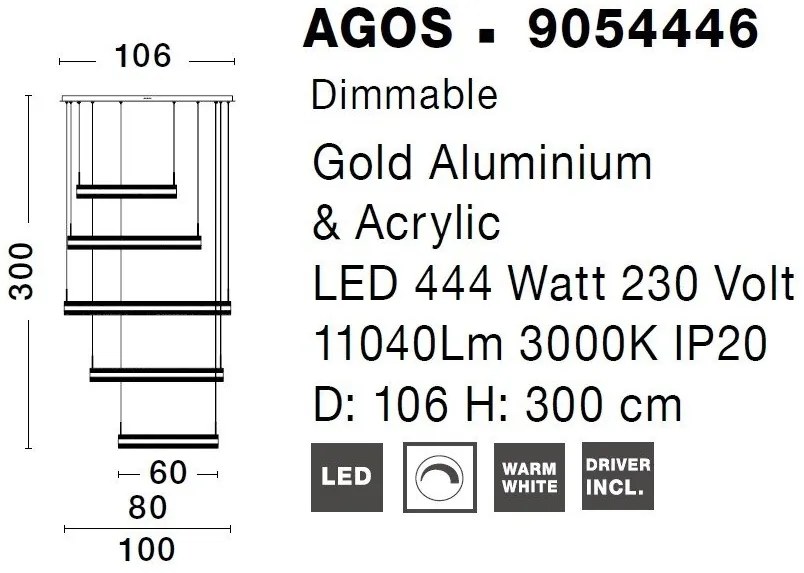 Lustra LED suspendata, dimabila, design modern Agos auriu 60cm